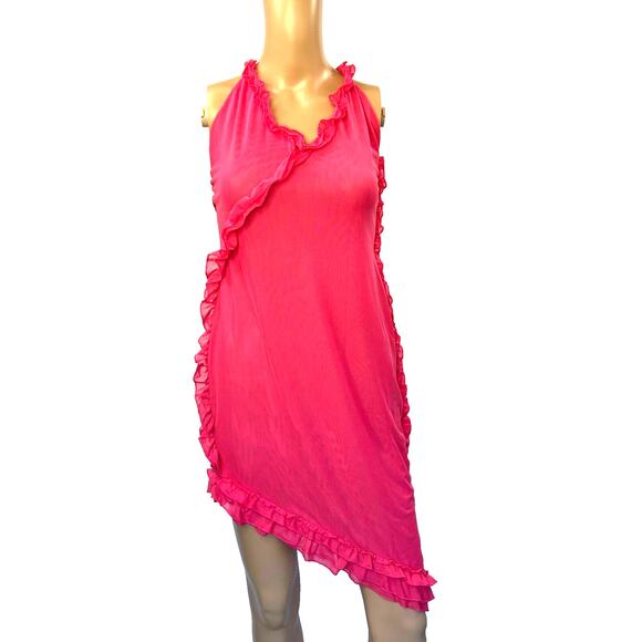 Micas Dress Women Large Rasberry Pink Sleeveless Asymmetric Chiffon Ruffled - Picture 1 of 12
